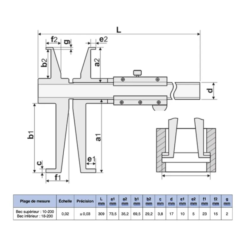 Pied à coulisse mécanique pour rainure intérieure 200 mm